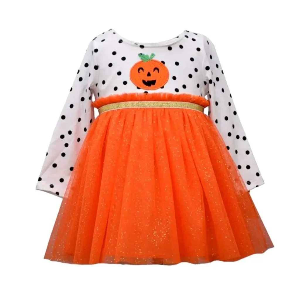 Bonnie Baby Girls 3-6M Orange Black White Halloween Themed Long Sleeve Dress